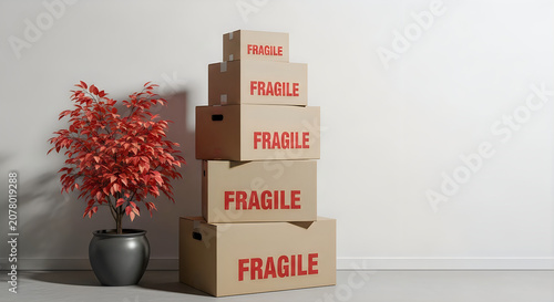 Fragile warning sign with decorative plant