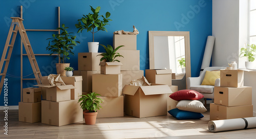 Moving boxes stacked with plants and ladder in modern room