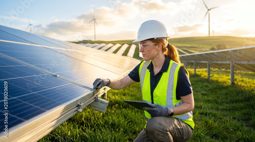 Female renewable energy technician concentrated evaluating photovoltaic efficiency against green hills with wind turbines at golden hour