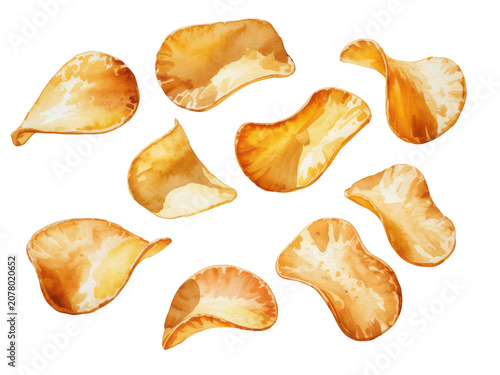 Crispy golden potato chips isolated on a plain surface