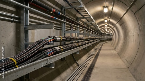 Industrial power cables running through a long concrete tunnel with overhead lights and steel cable trays in a facility