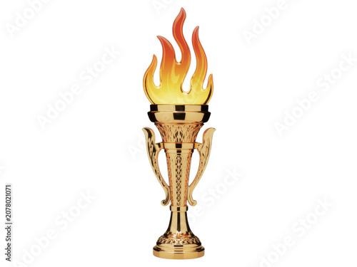 Golden sports trophy cup with a bright burning fire flame