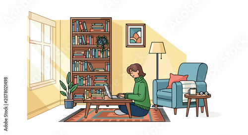 Flat illustration of person sitting at desk hesitating before decision, hand on chin, laptop open but idle, sticky notes blank on desk, remote worker, freelance, work from home, work from anywere,