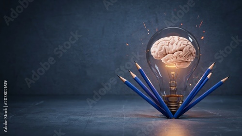 Brainstorming concept lightbulb with human brain inside surrounded by pencils