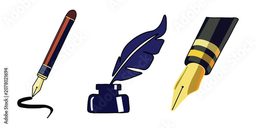 Vintage fountain pen and inkwell set, classic quill feather with ink bottle, elegant calligraphy writing tools vector illustration