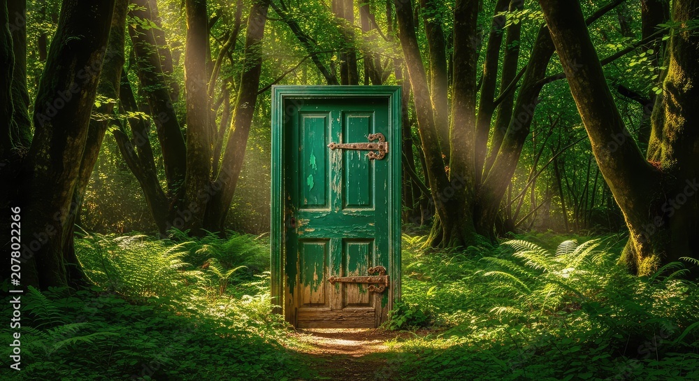 Obraz premium An old emerald green wooden door stands mysteriously alone amidst tall ancient trees and lush ferns in a dense sunlit woodland setting, fairytale, green, dreamlike