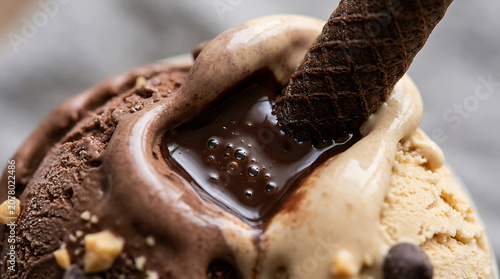 Rich chocolate ice cream scoop with melted sauce and crispy wafer served on white table.