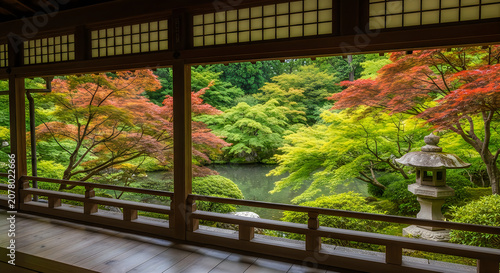 Traditional japanese garden view through wooden lattice window
