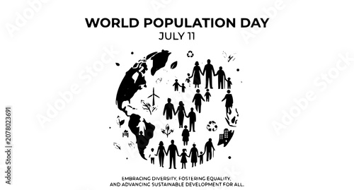 Obraz na plátne World population day black and white minimalist graphic with globe map silhouett