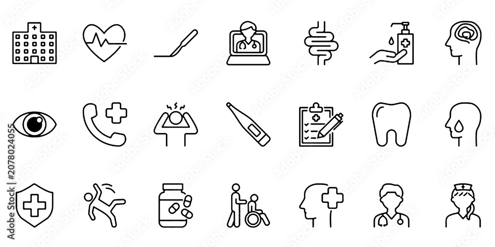 Fototapeta premium Medical Healthcare Hospital Line Icons Set Editable Vector Illustration Isolated on Transparent Background