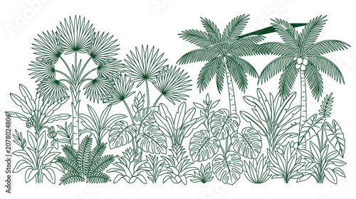 Canvastavla Jungle panorama line art illustration featuring palm trees and tropical plants in landscape