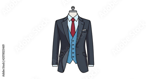 Classic men three piece suit flat vector illustration on mannequin, dark grey jacket with blue vest and red tie, elegant formal dress code icon. Minimalist flat vector style.