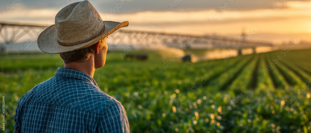 Fototapeta premium Farmer's Perspective: A lone farmer, seen from behind, gazes across a vast, sun-drenched agricultural field at sunrise. The image evokes a sense of hope, hard work.