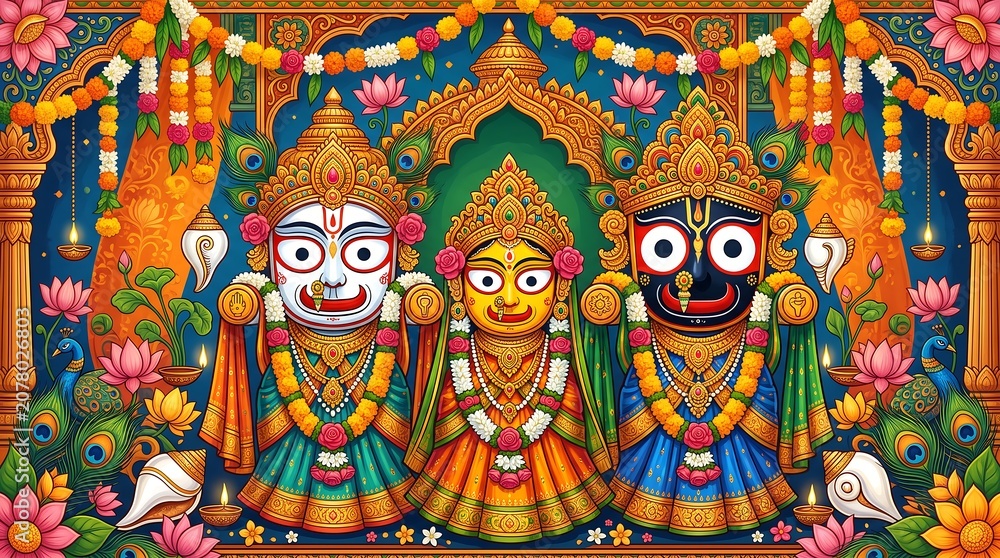 Fototapeta premium Vibrant hindu deities in traditional rath yatra attire with floral decorations