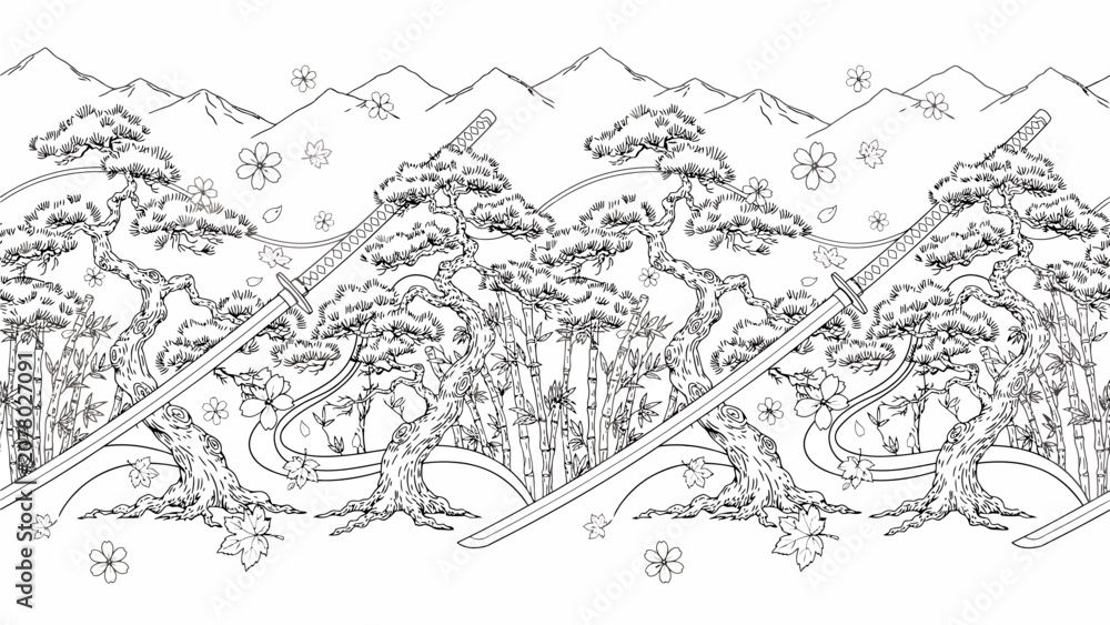 Obraz premium Black and white Japanese landscape with trees mountains snow winter scene monochrome