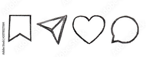 Set of Hand-Drawn Black Charcoal Social Media Icons - Like, Comment, Share, Save
