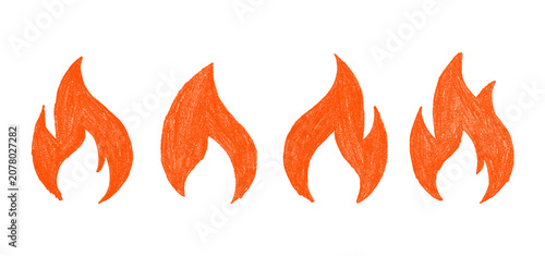 Set of 4 Hand-Drawn Red Crayon Fire Flame Icons on Transparent Background
