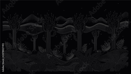 Bild auf Leinwand Dark fantasy forest landscape with trees and plants gothic mysterious black silh