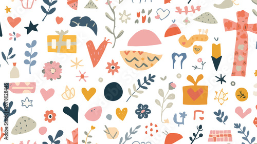 Template gift pattern with flat design featuring vibrant pastel colors and simple geometric shapes,