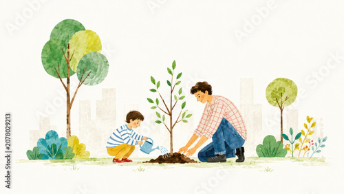 Father and child planting a tree together, symbolizing sustainability, environment, parenting, and climate care.