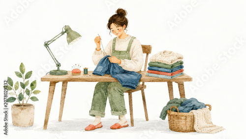 Woman Repairing Clothes for Sustainable Slow Fashion
