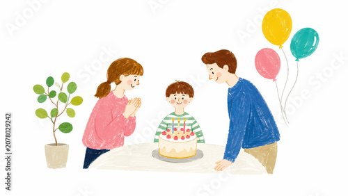 Parents Celebrating Child Birthday With Cake Candles and Balloons