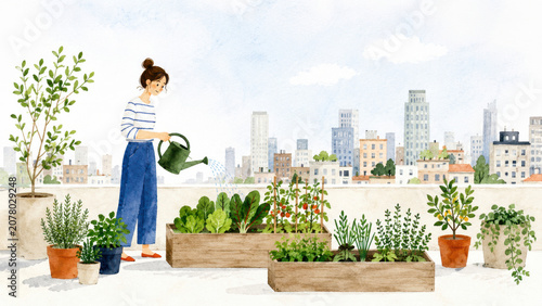 Woman Watering Vegetable Garden on Apartment Balcony
