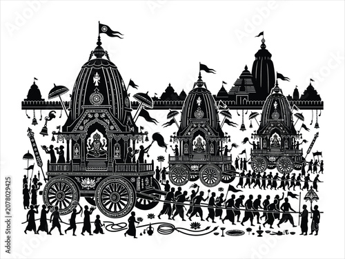 Black silhouette of the rath yatra festival with big temple chariots and people in a religious parade