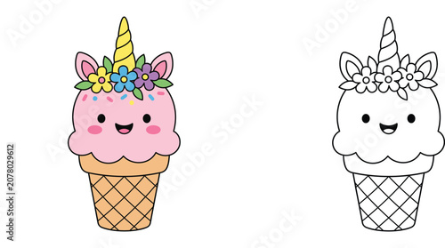Foto Cute Kawaii Unicorn Ice Cream Cone Cartoon Vector Illustration Set, Colorful Sco