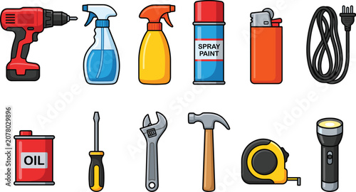 Bild auf Leinwand Home improvement and garage tools set, cordless power drill, hammer, spray paint