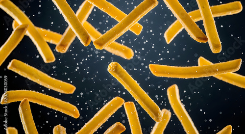 Savory french fries suspended in air with salt sprinkles