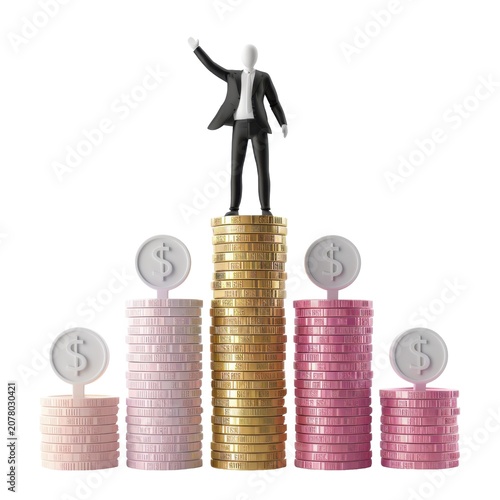 Miniature man balancing on tall coin stack success concept isolated on white transparent background