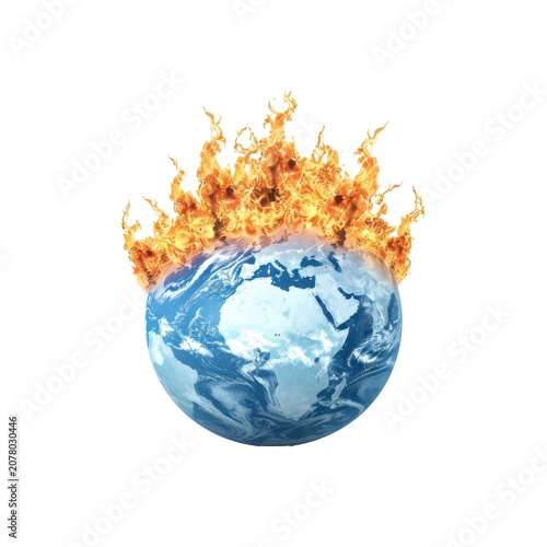 Burning planet Earth with flames global warming concept isolated on white transparent background