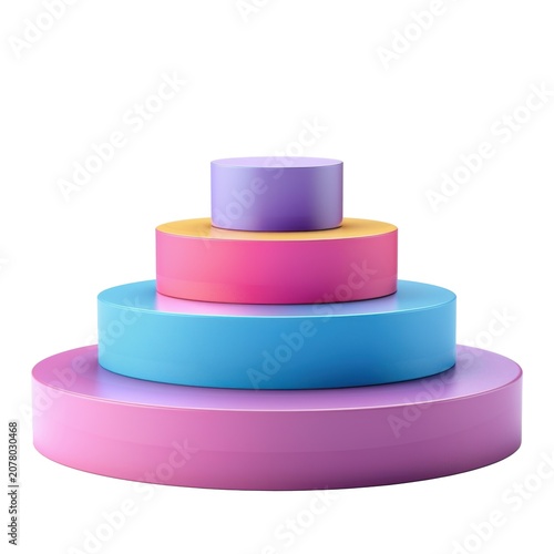 Layered cylinder podium stack in pink blue purple isolated on white transparent background