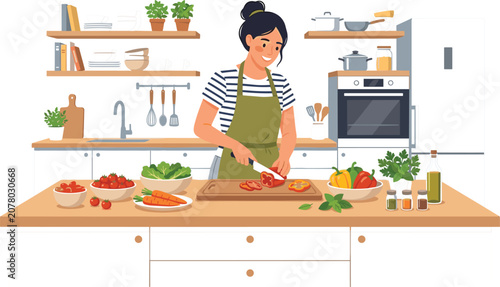 Obraz na plátne Woman Cooking in Modern Kitchen Vector Illustration Featuring Female Chef Prepar