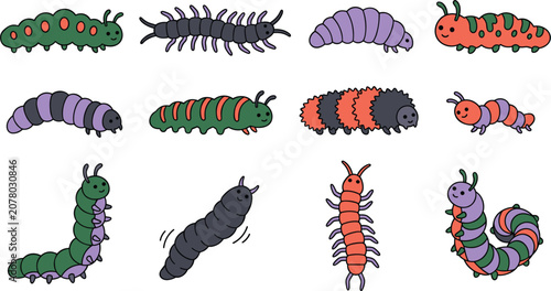 Bild auf Leinwand Cute Retro Textured Caterpillar Icon Pack Featuring Colorful Hand Drawn Centiped