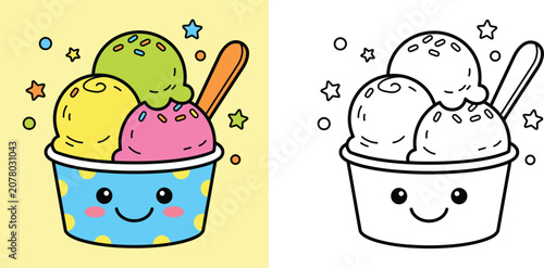 Photos Kawaii ice cream scoop in cup with coloring page line art vector template, sweet