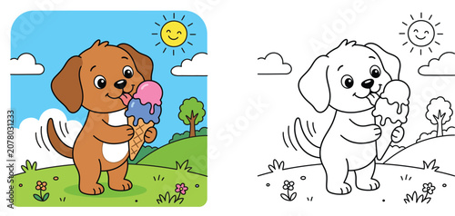 Cute dog licking ice cream cone coloring book page for kids, cartoon puppy under sun vector illustration, colored and outline contour sheet.