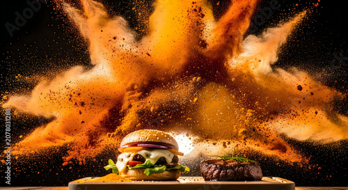 Savory burger and steak on a plate with spices explosion background