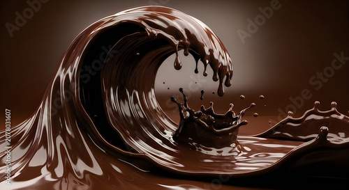 Rich chocolate wave with splashing droplets on dark background