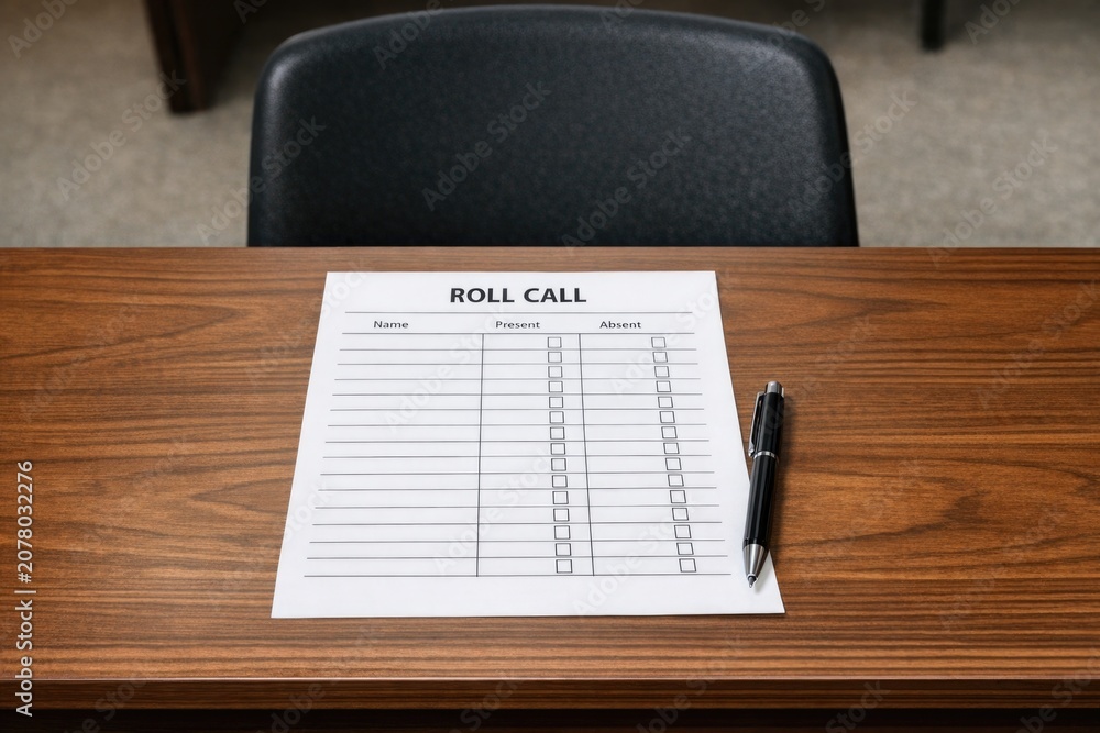 Obraz premium A wooden table with a roll call list
