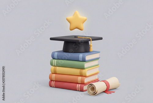 3D graduation cap on colorful stack of books with star and diploma scroll, academic success, higher education concept, cartoon style study elements isolated on grey background