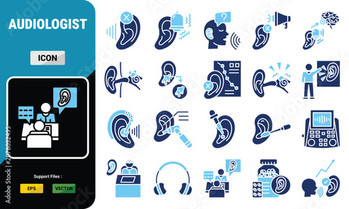 Audiology Icons Collection for Hearing Care and Medical Diagnostics. two color icon set. Black Background With White.