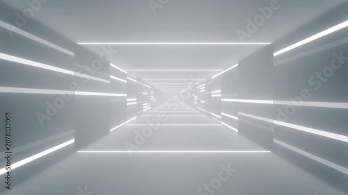 Futuristic Bright White Sci-Fi Corridor and High-Tech Tunnel Background with Glowing Neon Lines