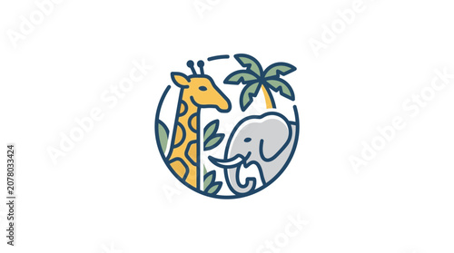 Photography Cute Giraffe and Elephant Icon in Circle with Palm Tree, Safari Wildlife