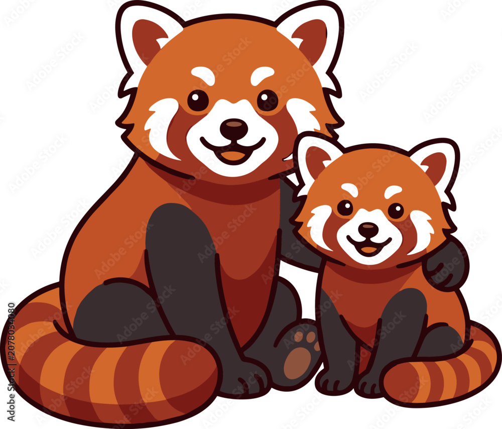Obraz premium Cute Red Panda Mother and Baby Cartoon Vector Illustration Sitting Together Happily for Kids Books Wild Life Education and Wildlife Conservation Designs