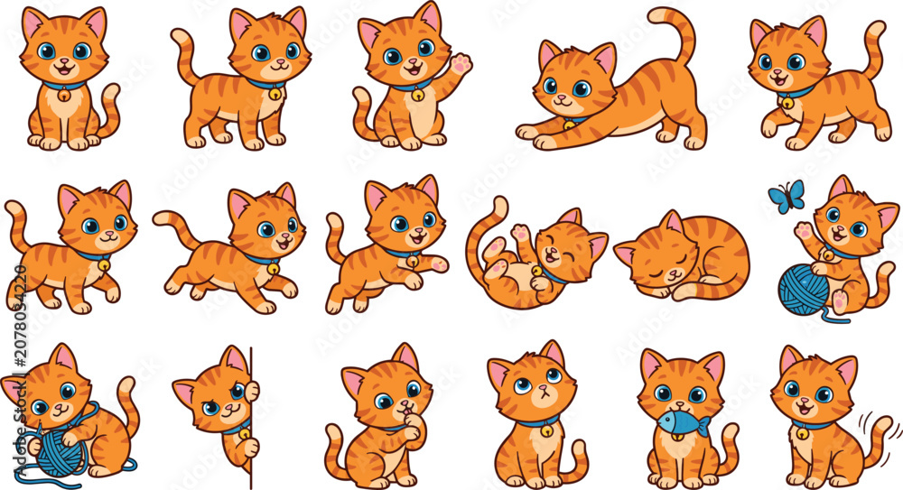 Obraz premium Cute Orange Ginger Cat Cartoon Character Collection with Blue Collar, Playing with Yarn, Sleeping, and Hunting Fish Poses for Children Books and Kawaii Stickers