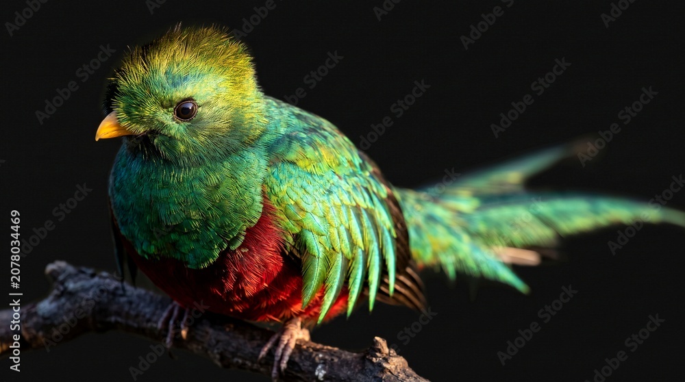 Fototapeta premium A beautiful resplendent quetzal bird with vibrant green and red feathers perches on a branch in natural light.