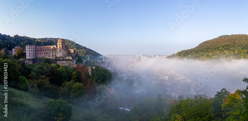 Morning panoramic view of Heidelberg with Castle and Low Fog, Germany