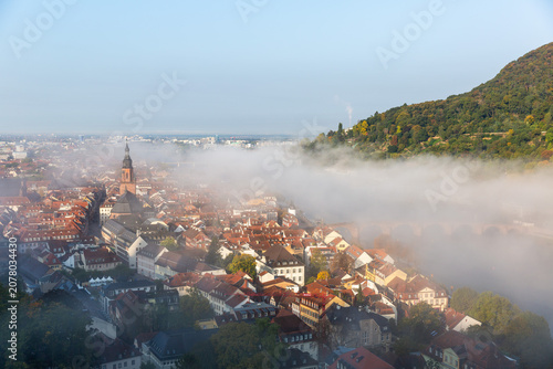 Autumn morning view of Heidelberg with Fog over the River, Germany